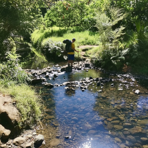 A man with a backpack on crossing a stream on the way to Lane Cove Hut