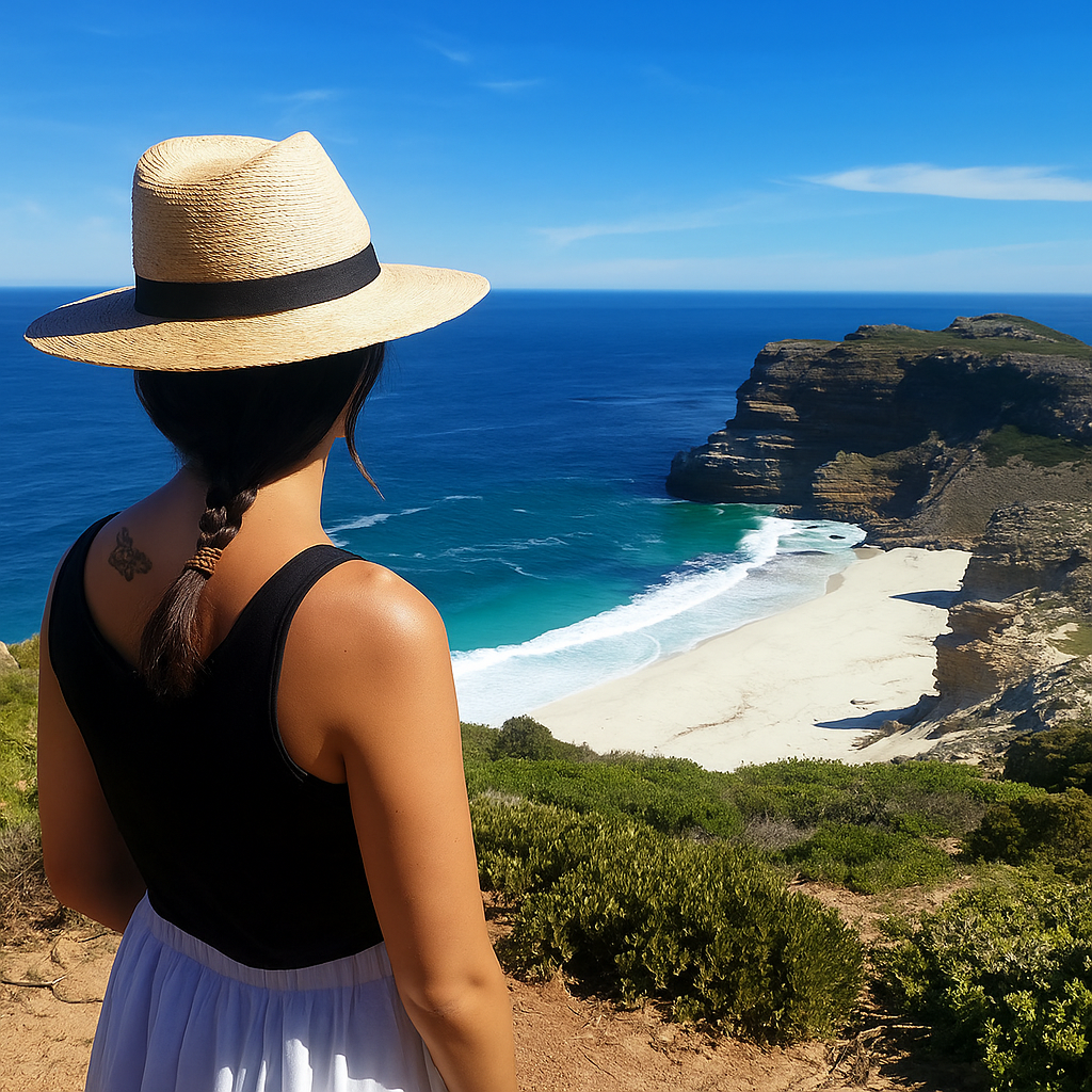 Bethnay looking at a bay surrounded by rocky cliff