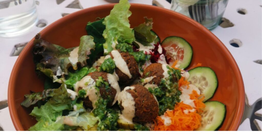Falafel bowl on a bed of quinoa and rice